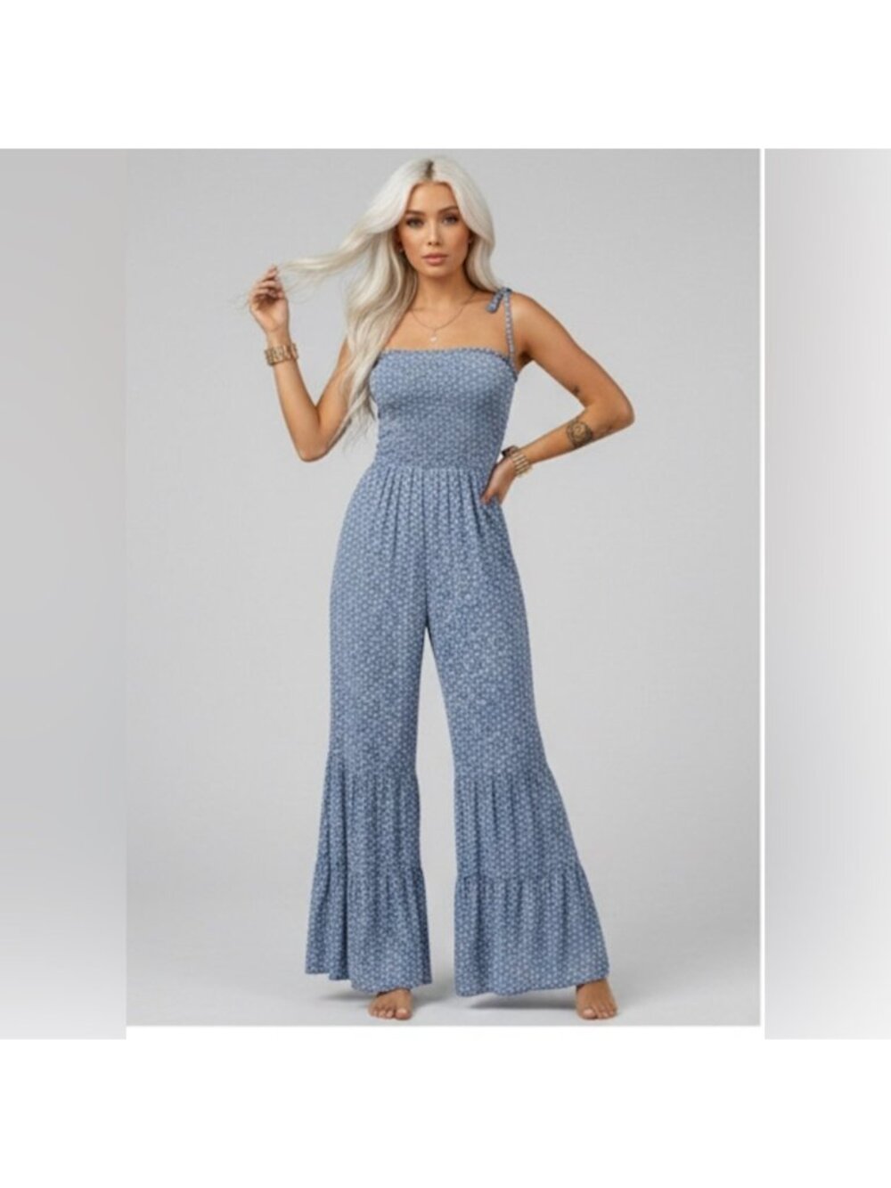 Boho Ditsy Floral Shirred Wide Leg Jumpsuit Blue